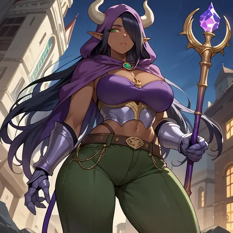 1girls, long hair, black hair, green eyes, very long hair, pointy ears , dark skin , hair over an eye , hembra de dark skin , elf, dark elf, outdoor, urban landscape, looking at the viewer , Dutch angle, cowboy shot, purple hood , purple scarf, bull horns,...