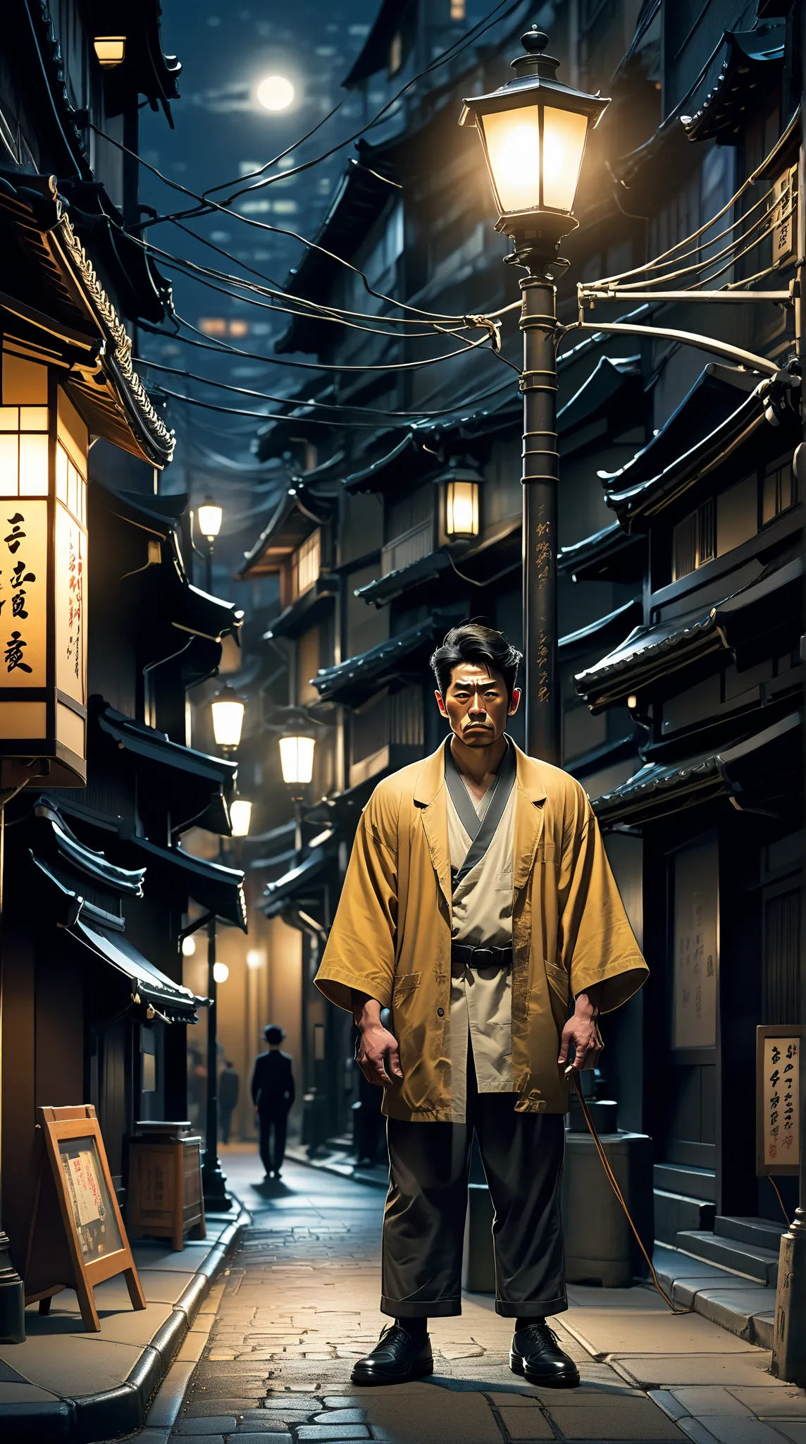 1 stocky japanese man, standing under the tall street lamp on a deserted japan street, midnight, chiaroscuro, depth of field, first-person view, f/1.8, 135mm, Nikon, UHD, retina, masterpiece, accurate, anatomically correct, textured skin, super detail, hig...