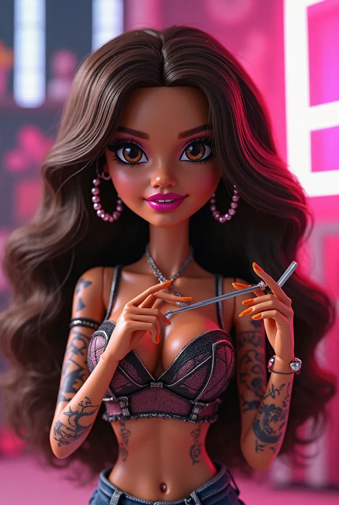 Create a Bratz baddie doll with brown hair that is holding twizers and lashes also with tattoos in just one arm. More feminine and big eyes and lips