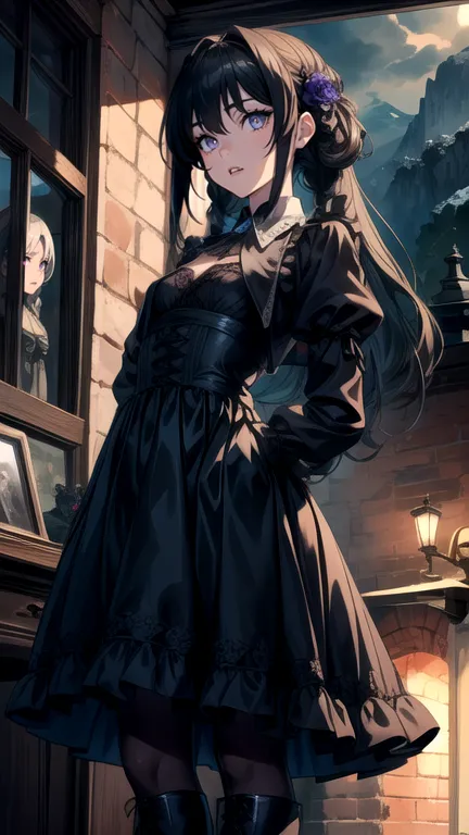 masterpiece。best quality。(a dark, gothic, and classical anime style CG:1.2)。super high definition。8k wallpaper。detailed。attention to beautiful details。Hues and overall tones are dark and cool。dynamic composition。dynamic angle。shallow depth of field。The lay...