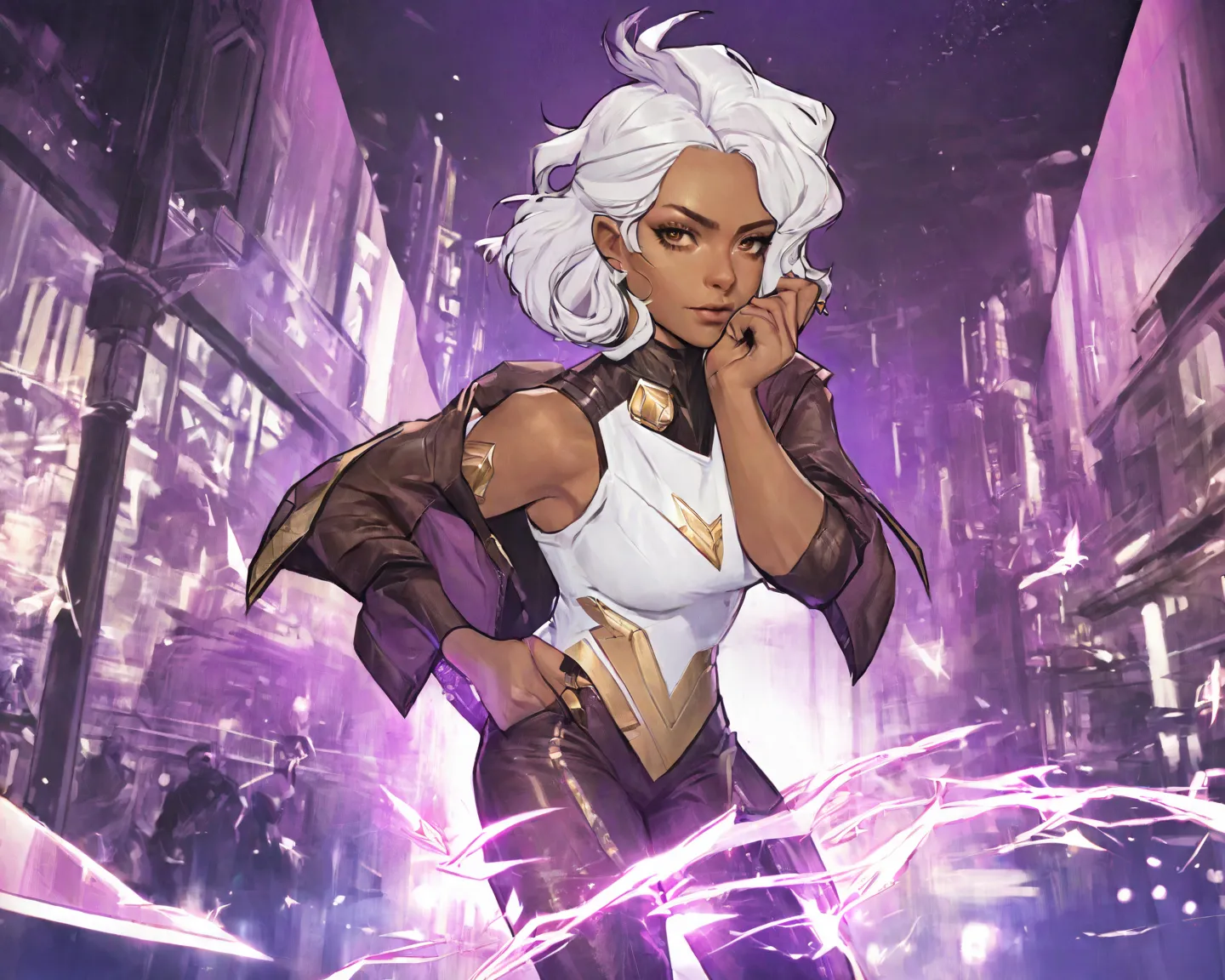 Best aesthetic, lolsplashart, woman, likely in her late s or early twenties, with light pink/white hair styled in a trendy, asymmetrical fashion.  Dark brown eyes, and a confident, slightly serious expression.  Her skin tone is medium-dark brown. She wears...