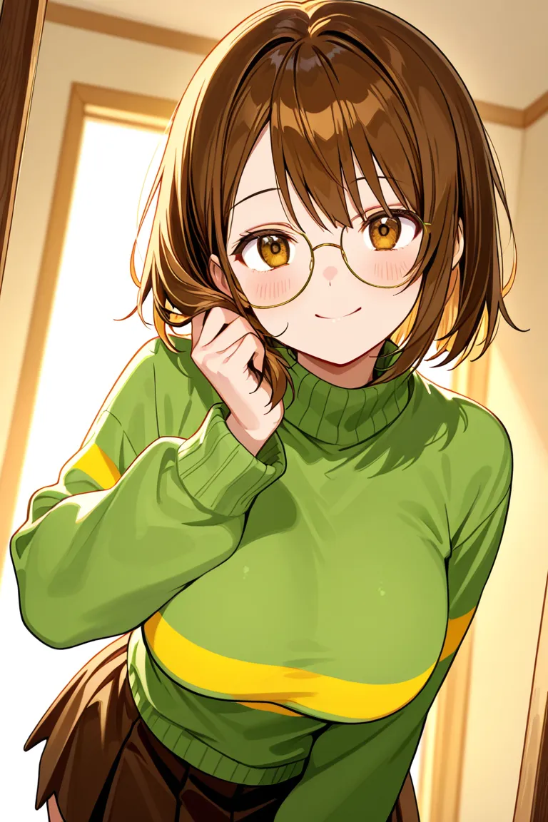 Chara from the game undertale with big breast and big ass wearing one sweeater green with yellow lines and mini shorts brown