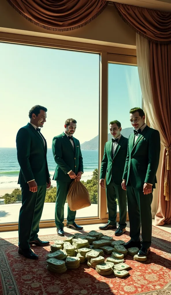 Create a realistic photograph capturing the moment when four men in dark green suits and Joker masks are standing in a modern mansion overlooking the beach, pouring bags of money onto the floor. The luxurious room is adorned with opulent rugs and drapes, w...