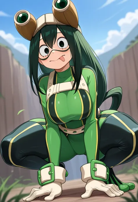 masterpiece, best quality, amazing quality, very aesthetic, high resolution, ultra-detailed, absurdres, newest, scenery,
asui_tsuyu_mha_illust, bodysuit, tongue, gloves, goggles, goggles on head, green hair, squatting
BREAK, detailed background, detailed h...