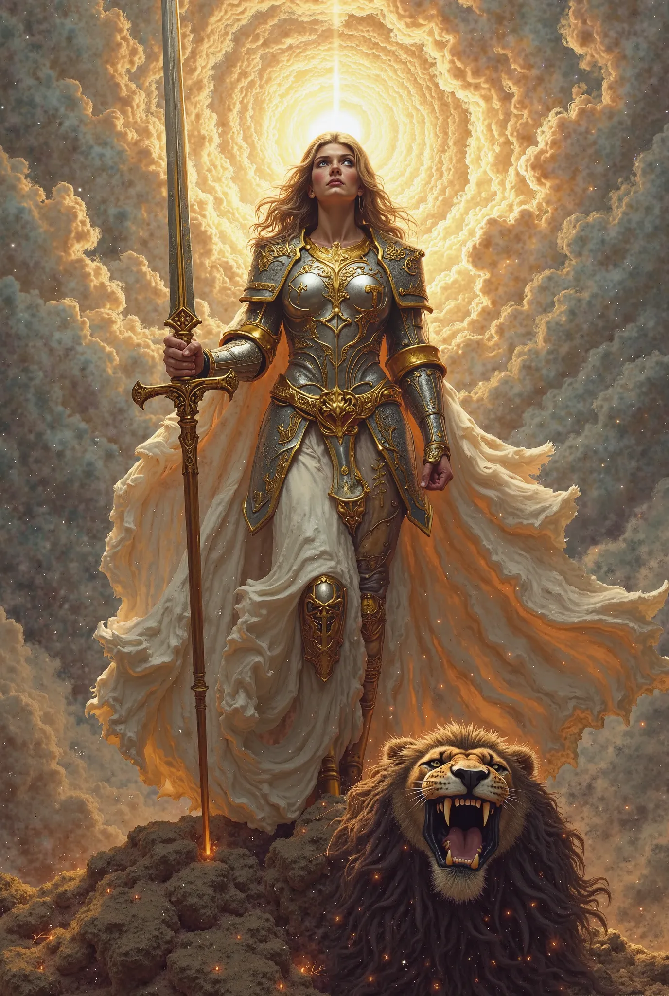 A Christian woman warrior with a roaring lion behind her and she defeated Satan
