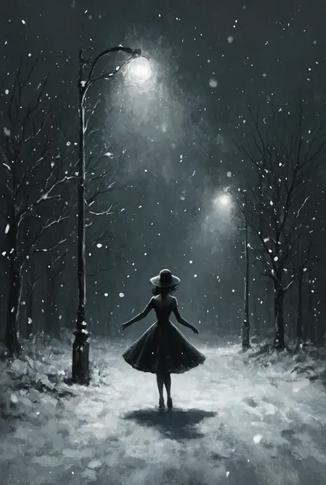 masterpiece,best quality,Alone,(Silhouette Art:1.4),woman dances gracefully (under dark streetlights)、winter、A fusion of solitude and subtlety、(((A free world just for her)))、snow particle,Minimalism influenced by abstract painting,