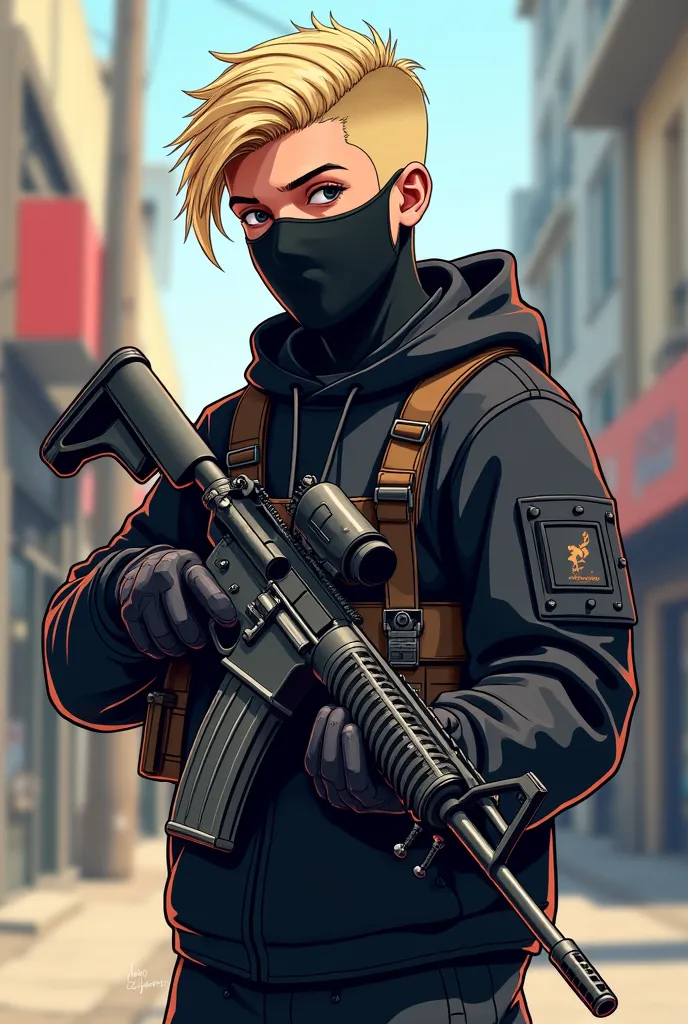 Make a young male character inspired by GTA RP , Blonde hair cut , With a G36 in her hand wearing a black mask in cartoon style , Without muscles like the game GTA 5