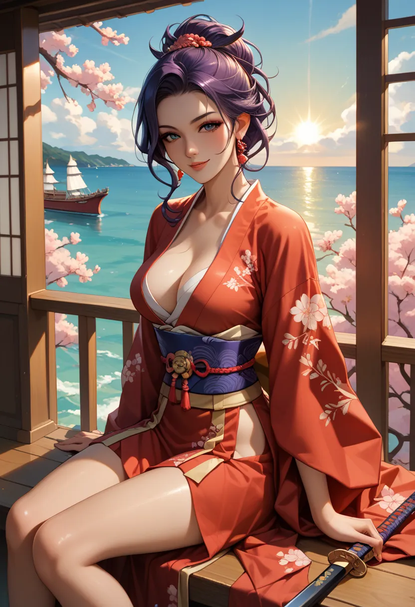 A stunning and alluring female samurai, sitting confidently on a wooden railing of a traditional Japanese ship, gazing seductively at the viewer. Her long, silky hair flows freely in the ocean breeze, with soft pink and violet hues shimmering under the gol...