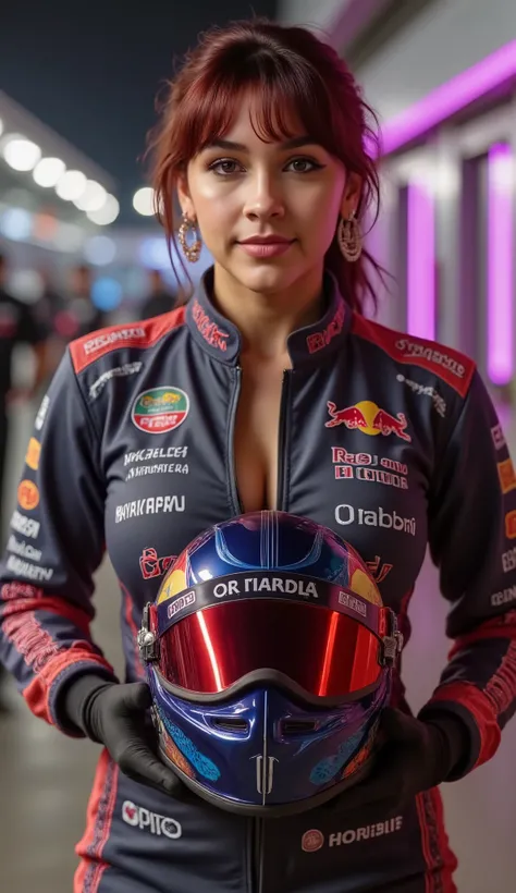 A confident female Formula 1 driver, (((wearing the (((official 2024 Red Bull Racing suit))) with hyper-detailed sponsors (Oracle, Honda, Tag Heuer, Bybit) embroidered in metallic thread, (((keyhole cutout at bust revealing subtle décolletage))), carbon-fi...