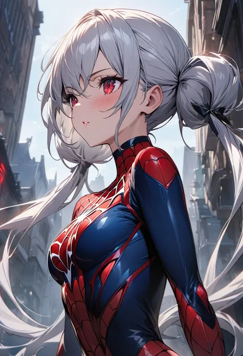  long silver hair 、 beautiful girl with a twin-tail hairstyle、Transform into a female Spider-Man、 Upper Body View、Atmospheric Scenery , masterpiece, best quality, ( Beautiful Face with Attention to Details , detailed skin texture, Ultra detailed body:1.1),