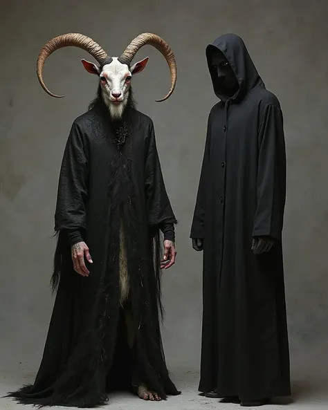 Photograph of a terrifying humanoid goat in goat skin dressed in black and a mysterious being dressed completely in black. 