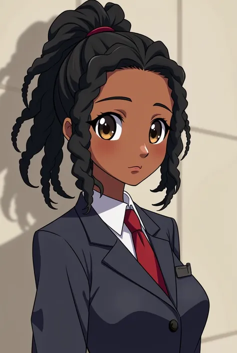 I want you to create an image for me with the following description: I want you to make me into a Jujustu Kaisen high school student. I have brown skin, dark brown eyes, black dreads that are medium sized and kept in a ponytail with edges maybe if you’d li...