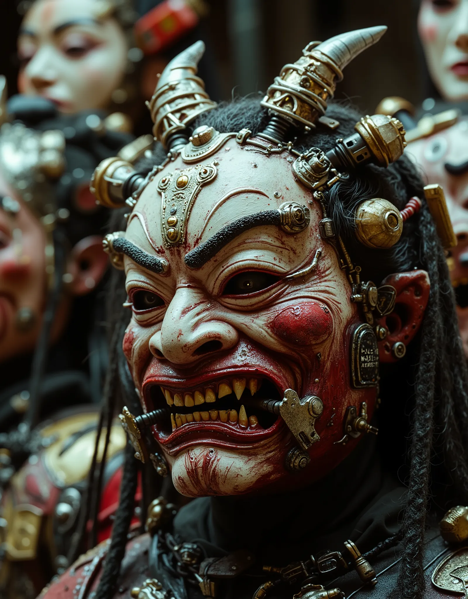  cinematographic photograph using rule of thirds and composition on planes Photo 3 / 4 takes over the entire body  ,   A bloodstained Japanese Kabuki mask features components simulating electronic applications，circuitry, gold and silvering wiring, fibre op...