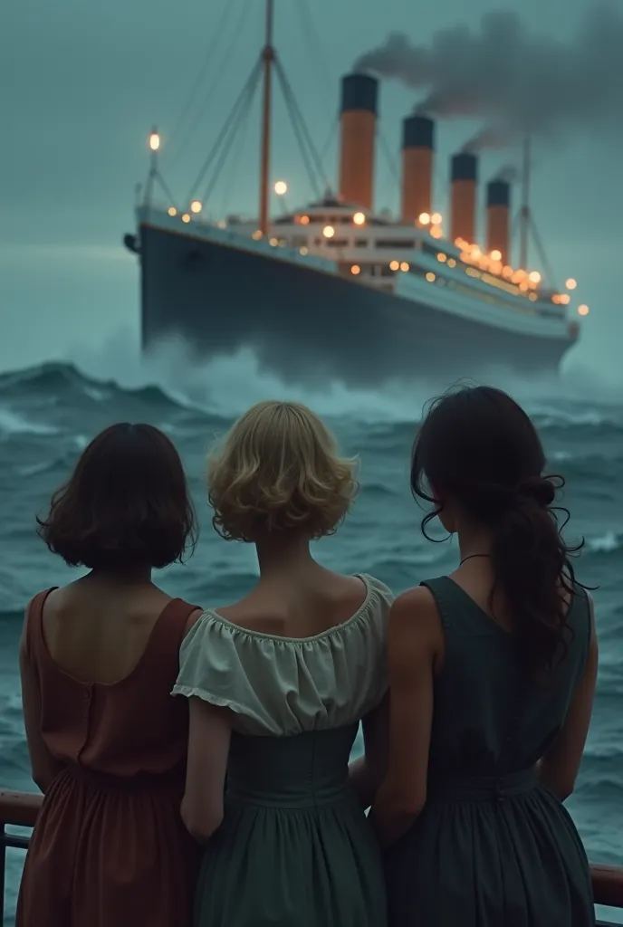 3 jeunes femmes, une cheveux courts au carré bouclés et bruns, une blonde, une cheveux longs noir est peau matte 
Qui regardent le Titanic couler