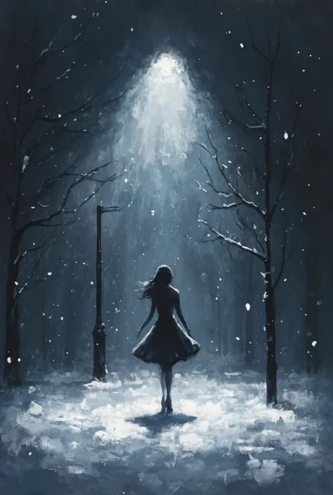 masterpiece,best quality,Alone,(Silhouette Art:1.4),woman dances gracefully (under dark streetlights)、winter、A fusion of solitude and subtlety、(((A free world just for her)))、snow particle,Minimalism influenced by abstract painting,