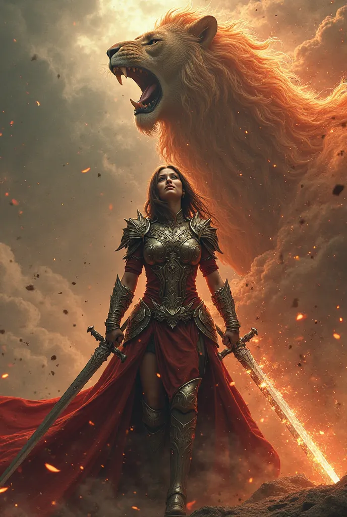 A woman warrior that kills Satan with a sword and the roaring lion release inside of woman warrior 