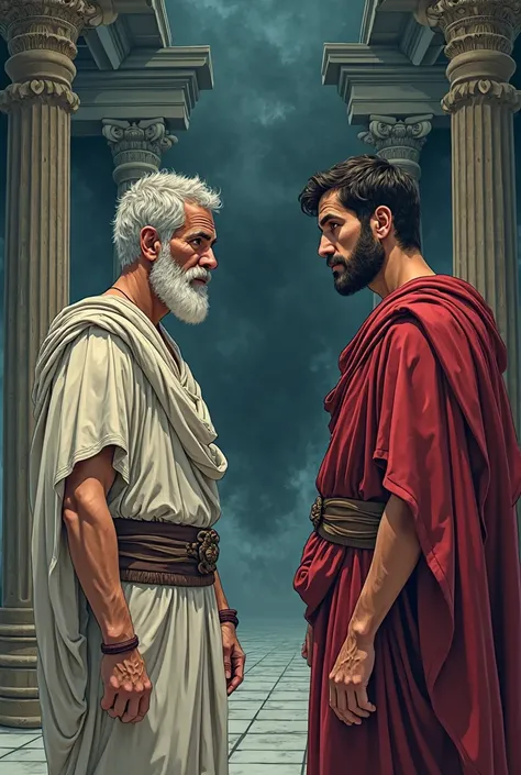 Aristotle with Alexander the Great speaking with a grim and frightened face in a cartoon style like Junji Itto