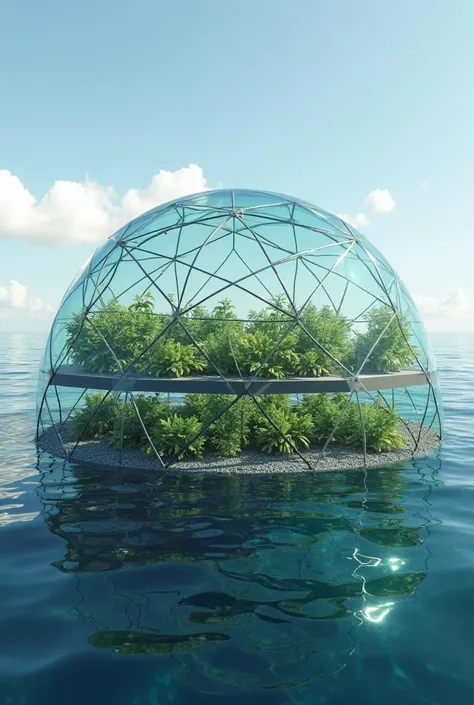 A geodesic dome that covers a platform on which there will be three horizontal rows of plants in the open ocean, make sure that the plant is only inside the dome and connected to the control platform for immersion in water