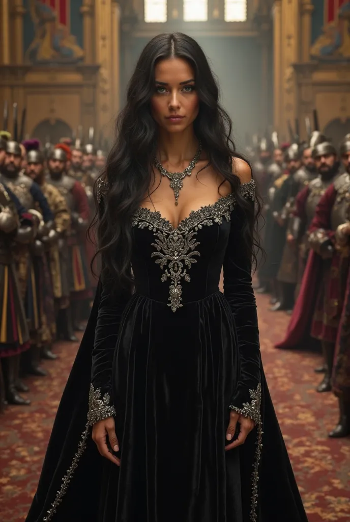 A striking scene of Dorian's bride standing in a grand medieval banquet hall, exuding power and mystery. She is a tall, elegant woman with long, flowing black hair cascading over her shoulders. Her piercing green eyes hold an intelligent, calculating glint...