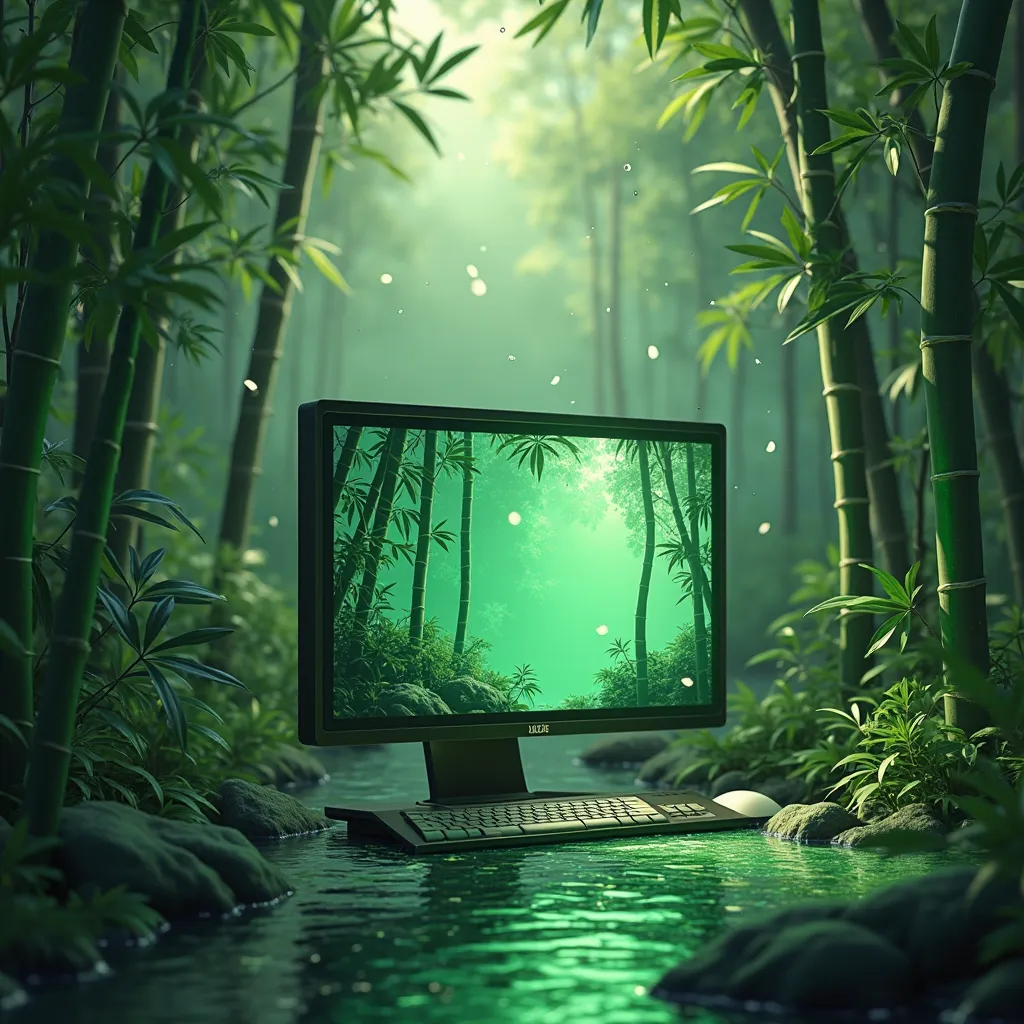 a  green liquid computer in the mistory jungle with bamboo and plants photoshop adobe illustratir adobe Xd icons floating around computer