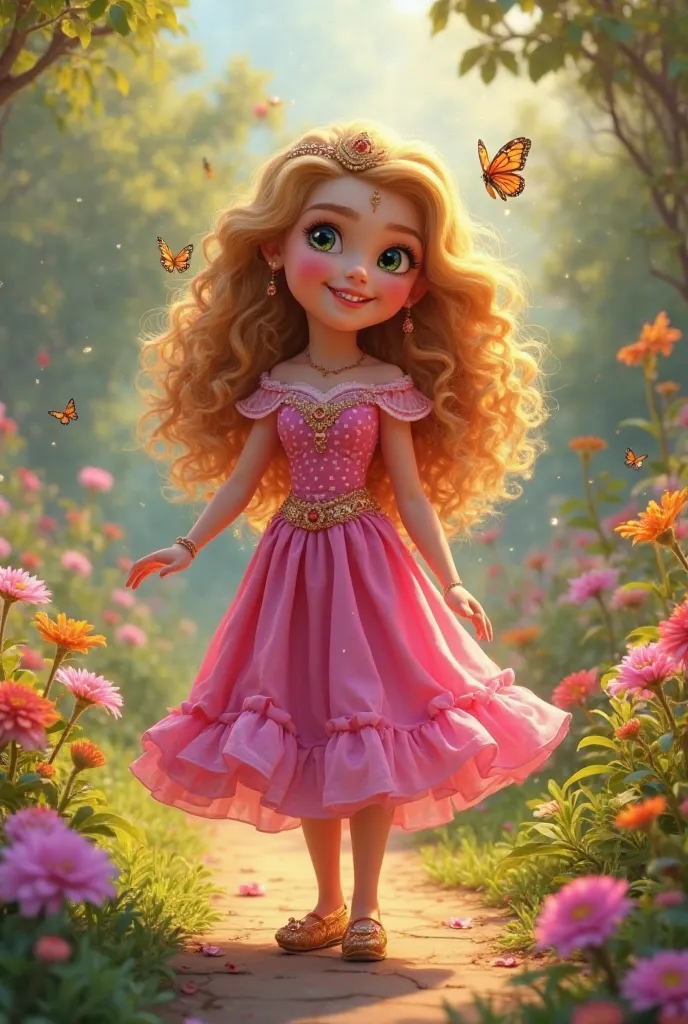 A  very clear  ultra hd  dynamics images  of "Princess Pari's Introduction – A beautiful princess named Pari, with curly golden hair and sparkling eyes, stands in her lush royal garden. Colorful flowers and butterflies surround her. She wears a pink dress ...