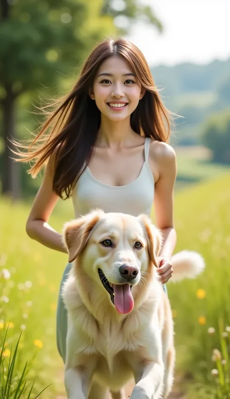 A dog is chasing behind a beautiful girl running with a smile