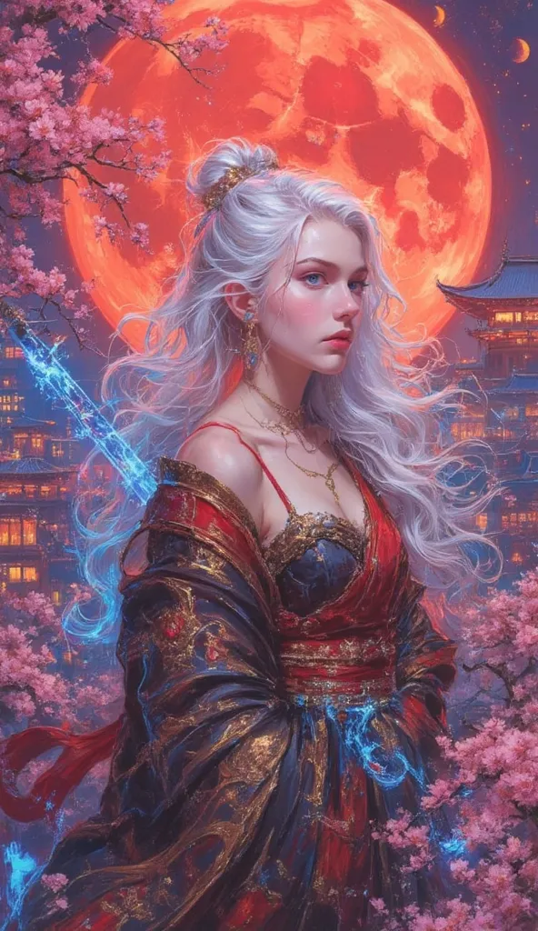 "A lone samurai woman stands atop an ancient wooden rooftop, surrounded by a sea of pink cherry blossoms gently drifting in the night breeze. Her long, silver hair cascades in shimmering waves, catching the light of a massive blood-red moon looming over th...