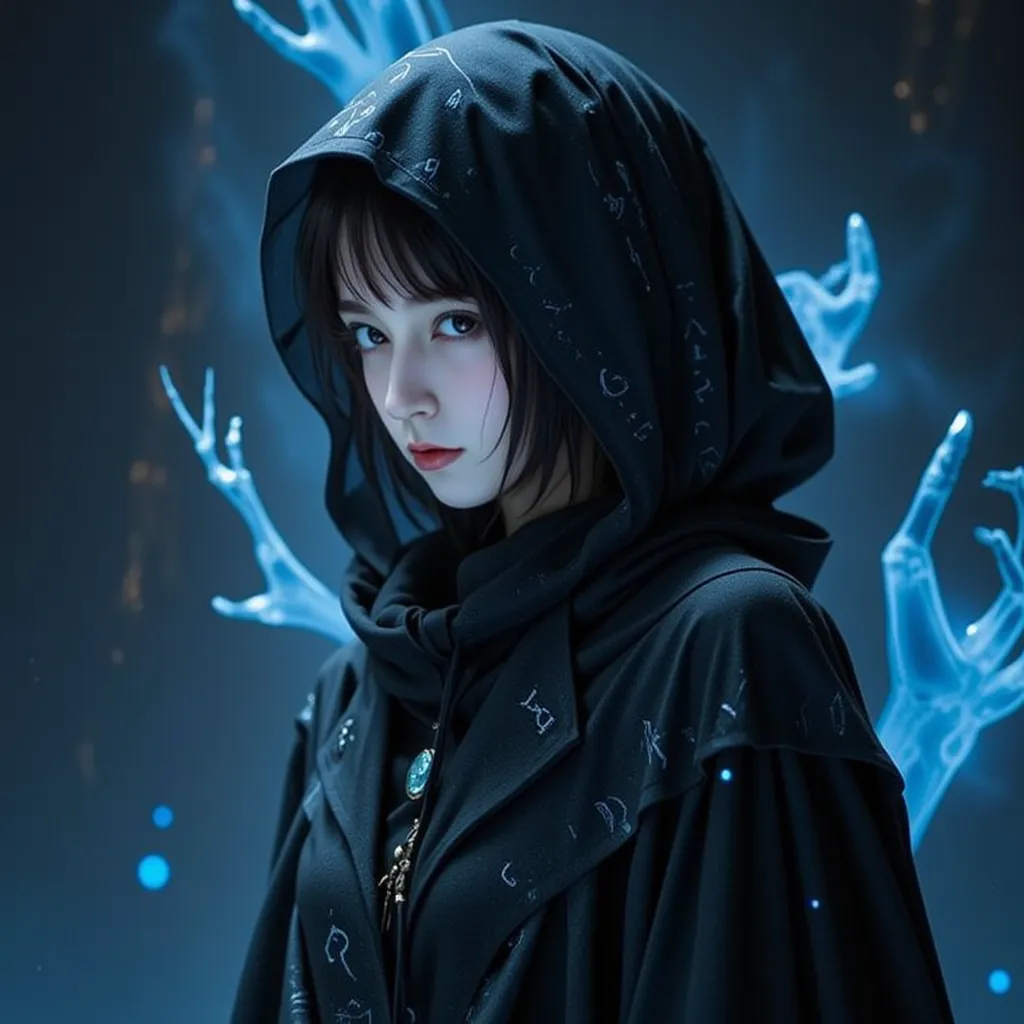 A dark fantasy portrait of a mysterious necromancer, a hooded asian woman with bangs and long hair, pale skin and piercing glowing eyes. Her face is partially hidden in the shadows, exuding an aura of power and mystery. Ethereal, ghostly mist surrounds her...