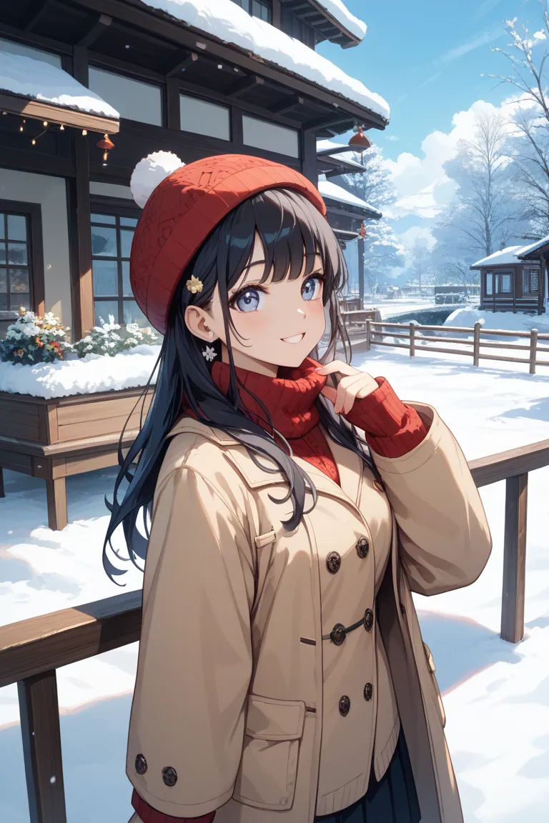 Japanese Beautiful Girl。
she is wearing a red knit hat。
Very fair skin。
is standing on a winter slope lodge。
the winter slope spreads out in the background。
 I'm wearing a beige down coat。
has her hands on the handrail of the lodge。looking up at the night ...