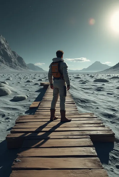 a young man on a wooden street on the big moon next to him 