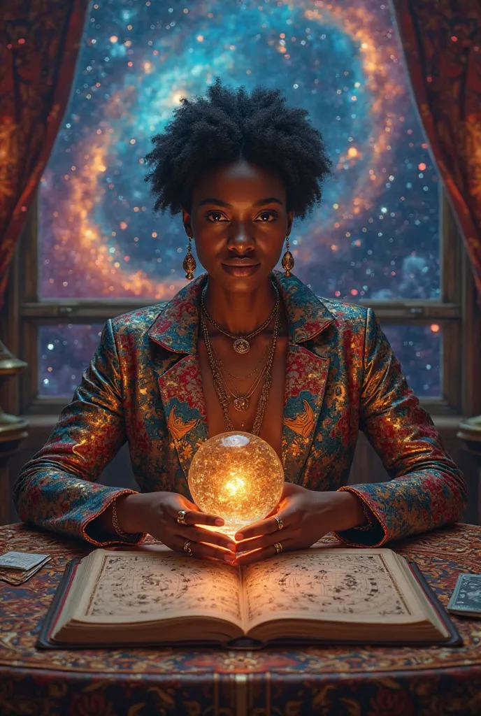 Sure! Here's the prompt in English:  

**"Ultra-realistic 8K portrait of a powerful and charismatic Black astrologer sitting behind an ornate, mystical desk, facing the camera with a confident and wise expression. Their piercing eyes glow subtly, exuding d...