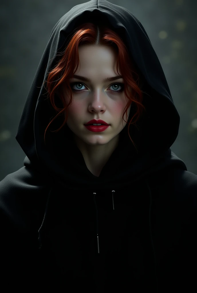 Creates an image inspired by the vampire Victoria from the Twilight Saga. Maintain the same facial features and crazy curly hair, dressed in black with an extra long Black hood.