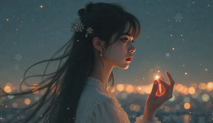 "A young woman stands under the soft light on a quiet night, her sad eyes staring blankly at the starry sky as if she is missing someone. The wind blows her hair gently, wearing a light-colored flowing dress, one hand holding a necklace that seems to have ...