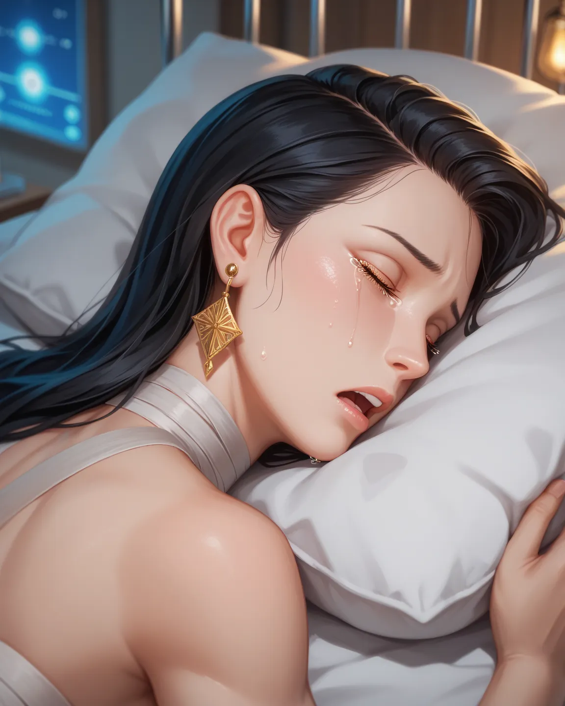 1 woman ,  long black hair,  horse face,  golden eyes,  at night, Long earrings , Patient series ,  look at the audience,  upper,  Fantasy Aesthetics,  high profile,  Golden Aura, good figure,  with muscle, Six pack,  background is hospital,  sleeping in b...