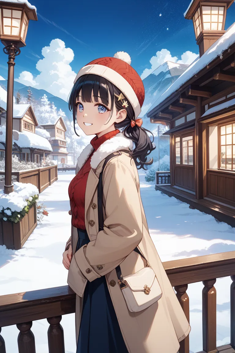 Japanese Beautiful Girl。
she is wearing a red knit hat。
Very fair skin。
is standing on a winter slope lodge。
the winter slope spreads out in the background。
 I'm wearing a beige down coat。
has her hands on the handrail of the lodge。looking up at the night ...