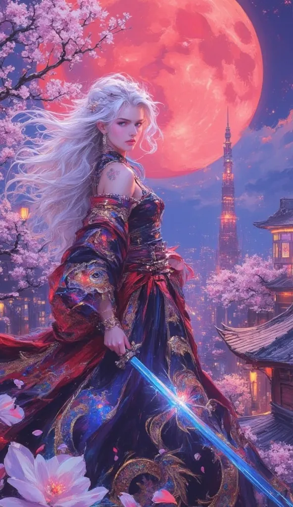 A lone samurai woman with flowing silver hair stands atop a cherry blossom-covered rooftop under a glowing blood-red moon. Her piercing violet eyes reflect a tragic past as she grips a katana, its blade shimmering with ethereal blue energy. The wind whips ...