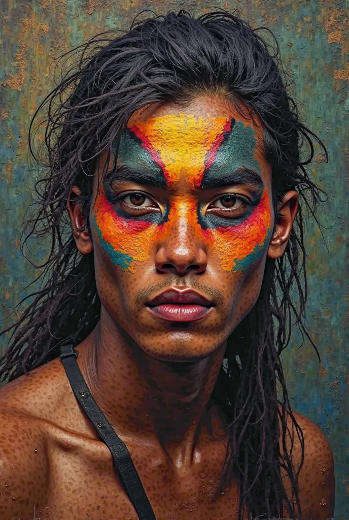 Make a painting..vibrant colors and dinagyang in iloiko philippines. A warrior male..young like 20s..nose is flat like asian men..skin is brown dark but with face paint. Make it dramatic and very nice painting