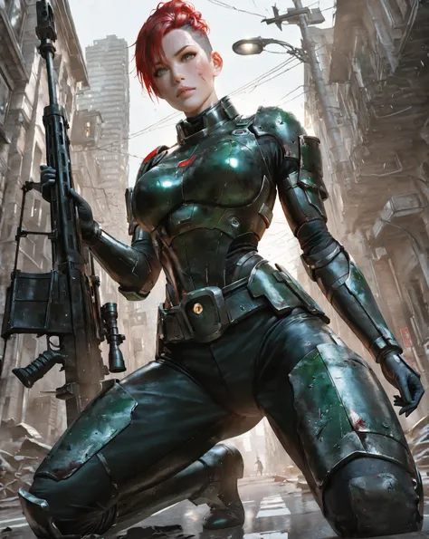 Photograph, photorealistic, 1woman, solo, femshepxl, crimson hair, messy bun hairstyle, (undercut hairstyle:1.32), emerald green eyes, (black) N7 armour, damaged armour, medium breasts, ((all-black) anti-materiel rifle:1.22), shooting from kneeling positio...