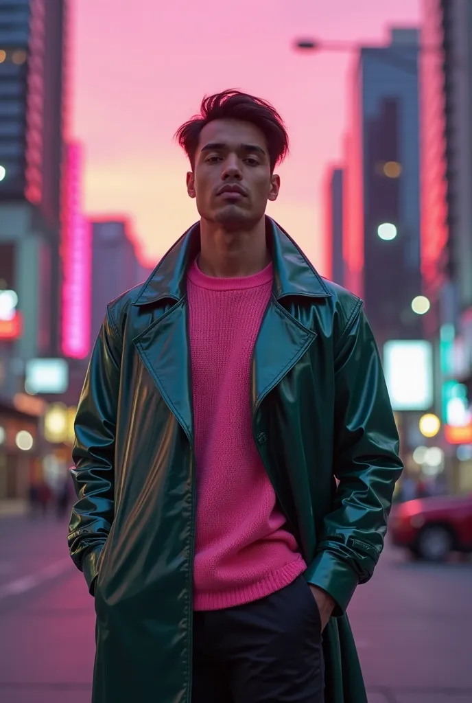 Hyperrealistic image,  resolution 1024x1024 pixels , Ultra HD photographic , similar to sharpness, 8K, realistic textures, natural lighting.  A 30-year-old Latino man , dark brown short hair, wear a translucent dark green plastic coat, pink knitted shirt i...