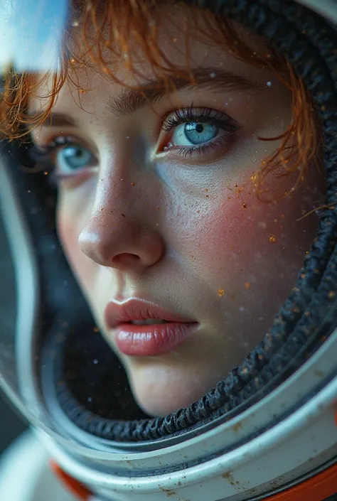 (Close-up of a better masterpiece:1.5)0.9], (Space and astronauts:1.2)hair:1.1) (Heterochromia xanthochromia and blue eyes:1.2) (Space Helmet:1.0) (Colored stars in the eyes:1.0) (A radiant glow:1.1) (thick lips:0.9)