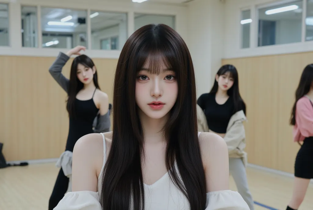 A kpop girl, korean, mid black hair, stunning, unique visual, looks like Jang Wonyoung, gorgeous,  Lucious hair,in practice room, dancing kpop, during trainee days,