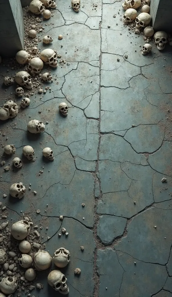 A top view of  a grey cracked floor like a abandoned floor with human skulls and skeleton remnants from bottom left corner and top right corner