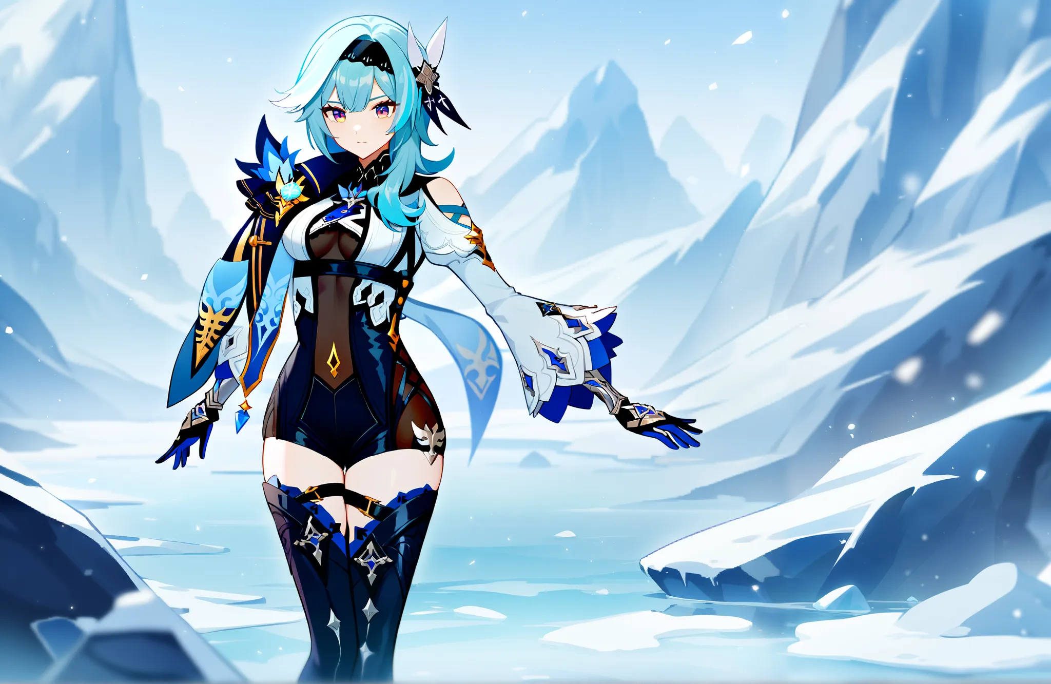 1 girl，solo，Eula\(Genshin Impact\), Standing on the ice with an ice field in the background，Clear faces，beautiful eyes，masterpiece, best quality, very aesthetic