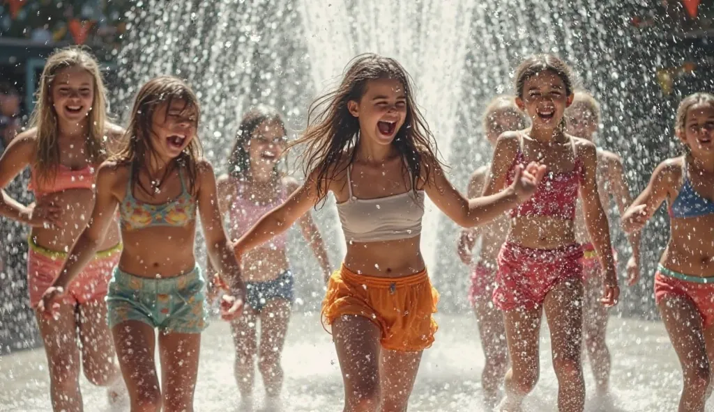 Water falls on the girls from the water cannon, they dance with joy and their clothes get stuck.real photo 