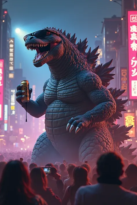 Godzilla with dark glasses and a beer, AT A PARTY AT NIGHT