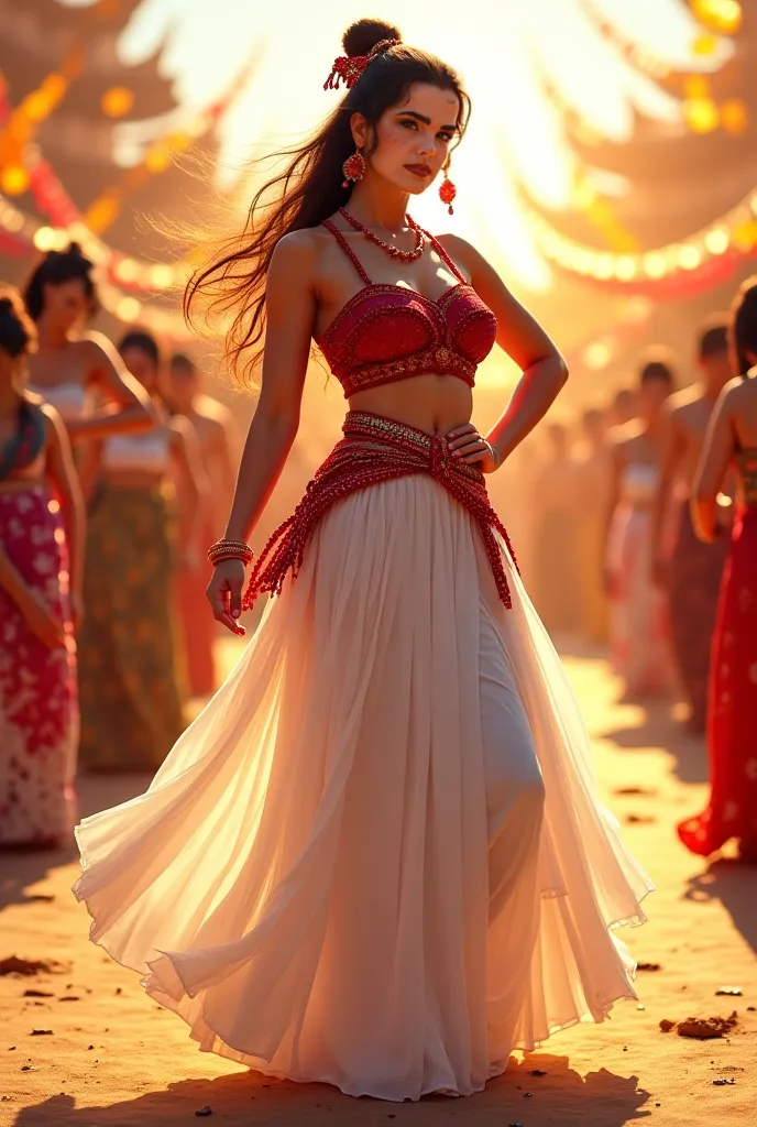 This full-bodied girl with a festival outfit, long white skirt and dark red top 