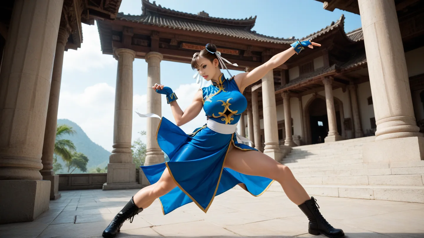 
(masterpiece) A beautiful young European woman with large breasts, with a slender and perfect athletic body stands proudly in front of an ancient temple typical of Street Fighter), (She is wearing a combat costume inspired by Chun-Li - a tight blue dress ...