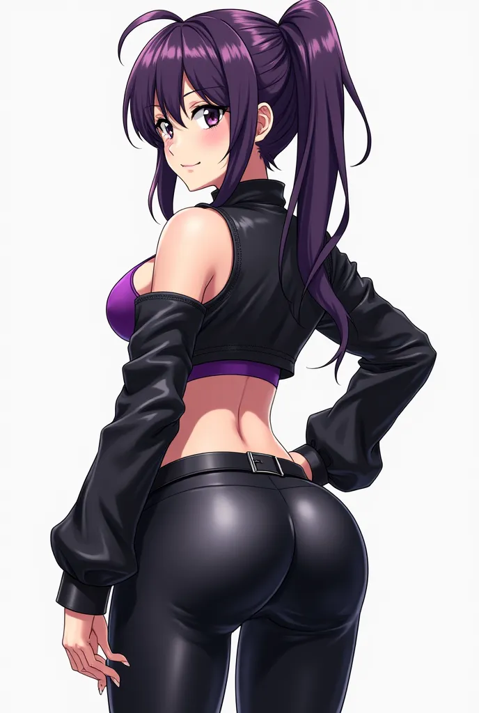  anime character from back, single character from back, leather pants, belt, with a pair of tight high boots, androgynous, boots, posing for a picture, black shiny leather, violet bra, bellybutton, crotch, Anime character, dark purple hair, violet eyes, cl...