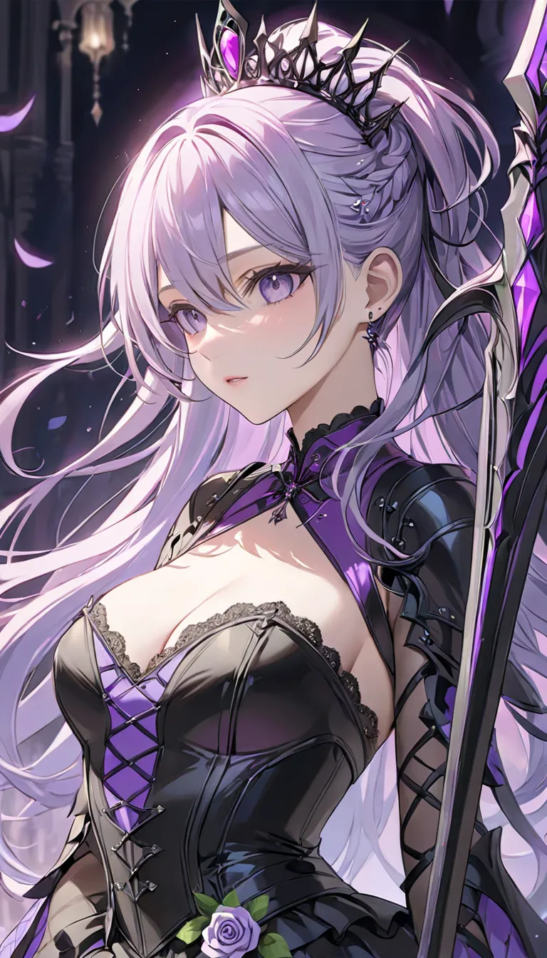 (masterpiece:1.5), Best Quality, (1 girl, alone),
, 1 girl, alone高品質、detailed  ((hairstyle half up hair)))((Queen of the Nightmare))、((hold a large sword))、cool black armor、, Theme color purple(cool beautiful queen )project sekai; soft; pastel; colorful; d...