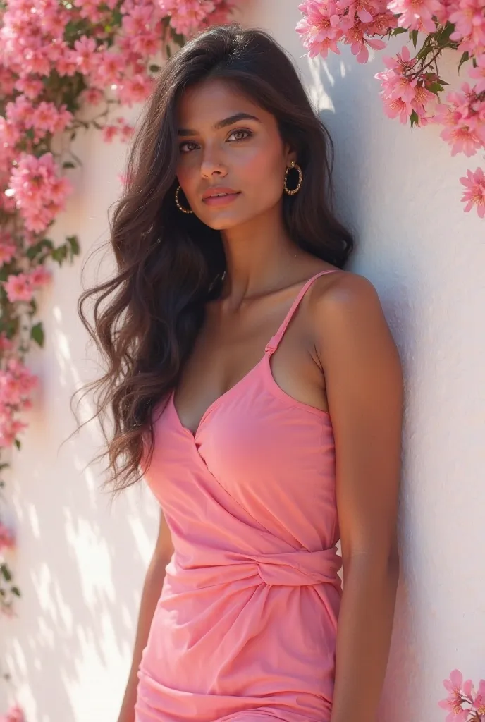 20 years old cute indian girl , long hair , sexy and hot girl , wearing pink dress  , white wall background with pink flowers 